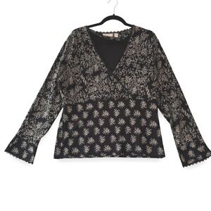 NORDSTROM Black Floral Print‎ Lace Trim Blouse XL